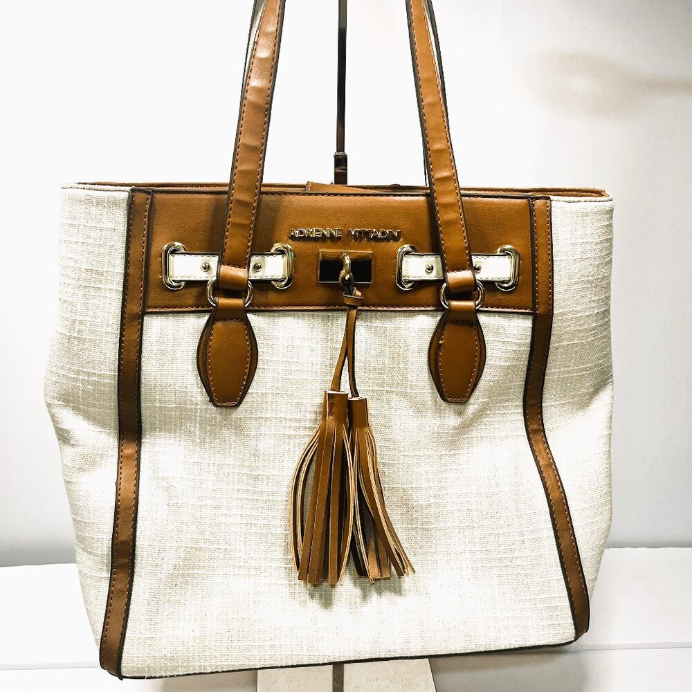ADRIENNE VITTADINI Sardinia Large Tassel Tote Purse Satchel Cream Linen Tan Trim